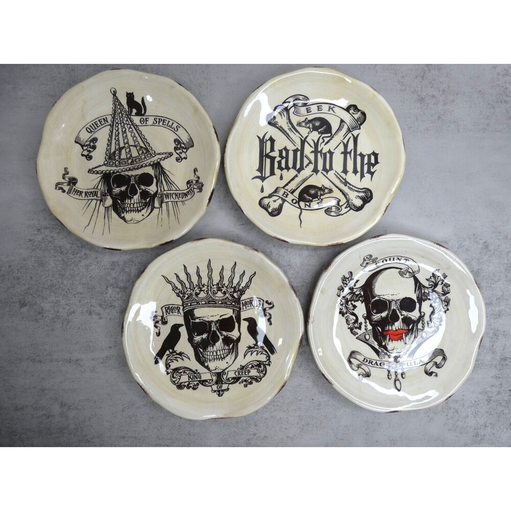 Department 56 Set of 4 Halloween Appetizer Plates 6" Skull Rigor Mortis Dragula